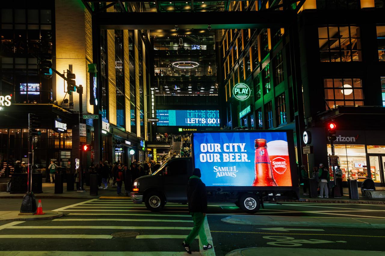 Samuel Adams digital mobile billboard truck outside TD Garden, Boston