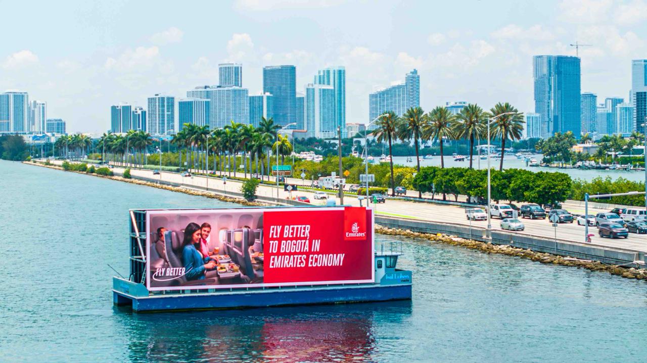 Emirates billboard boat on Biscayne Bay, Miami