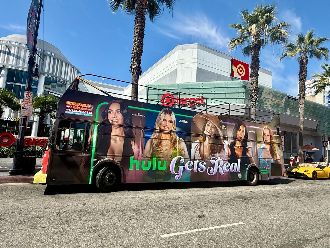 Hulu double decker bus wrap on Hollywood Blvd in Los Angeles