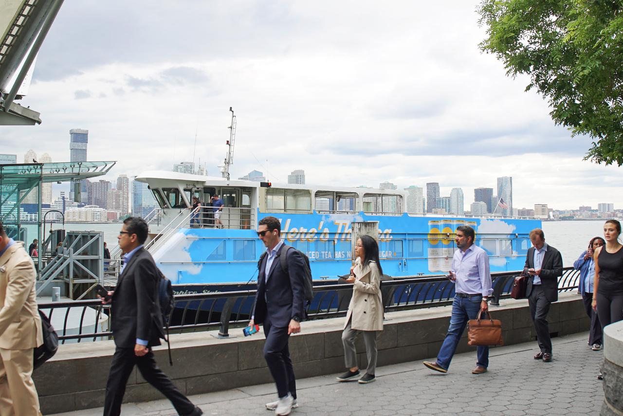Here's The Tea branded ferry docked in NYC