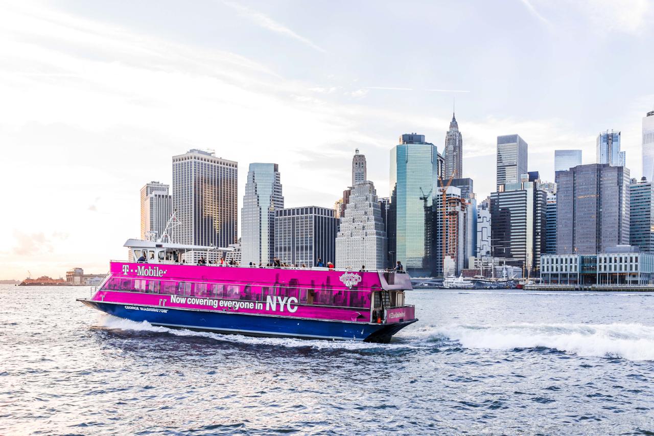 T-Mobile pink branded ferry on the Hudson River
