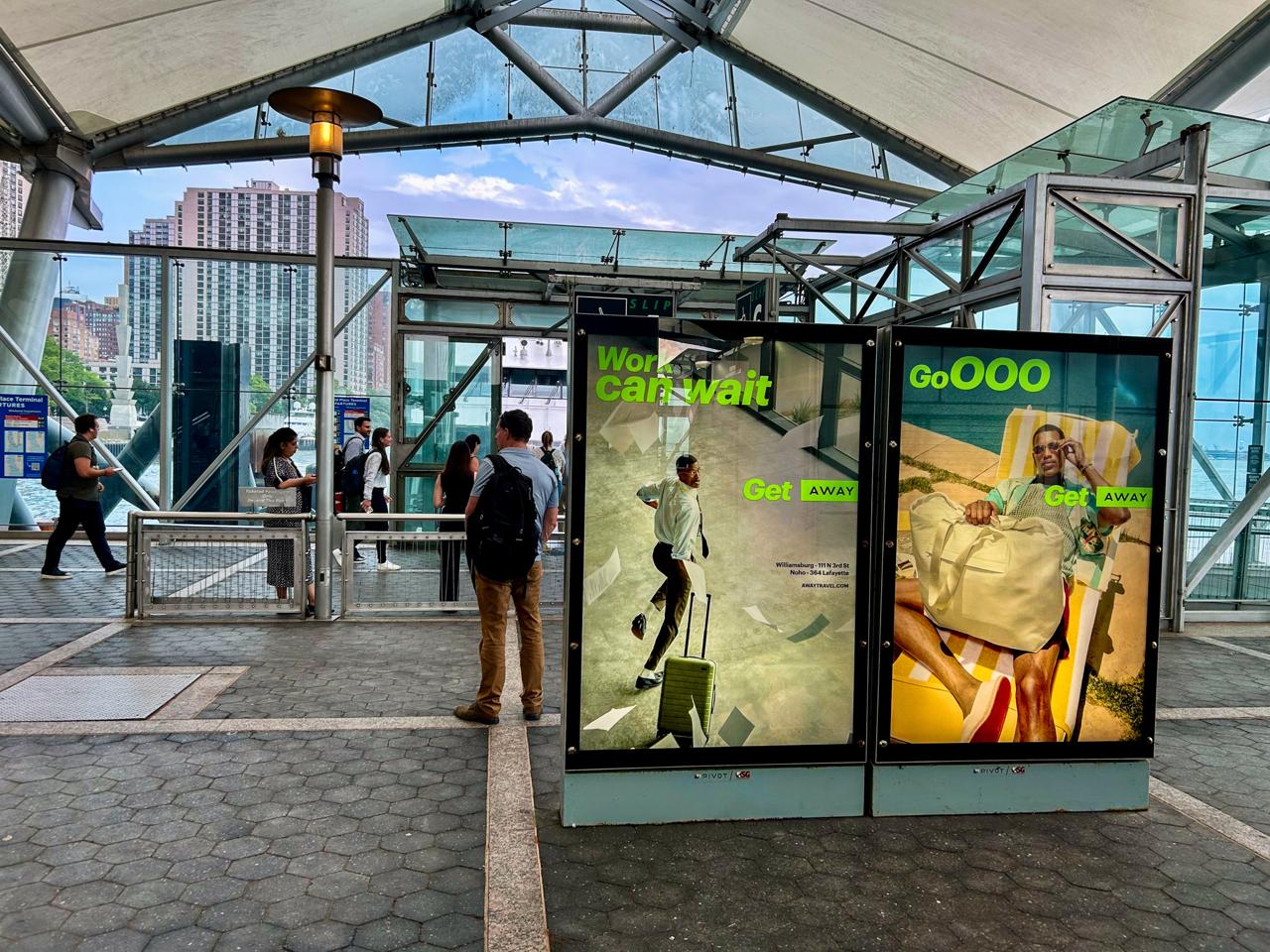 Away Travel street furniture kiosks at NYC ferry terminal