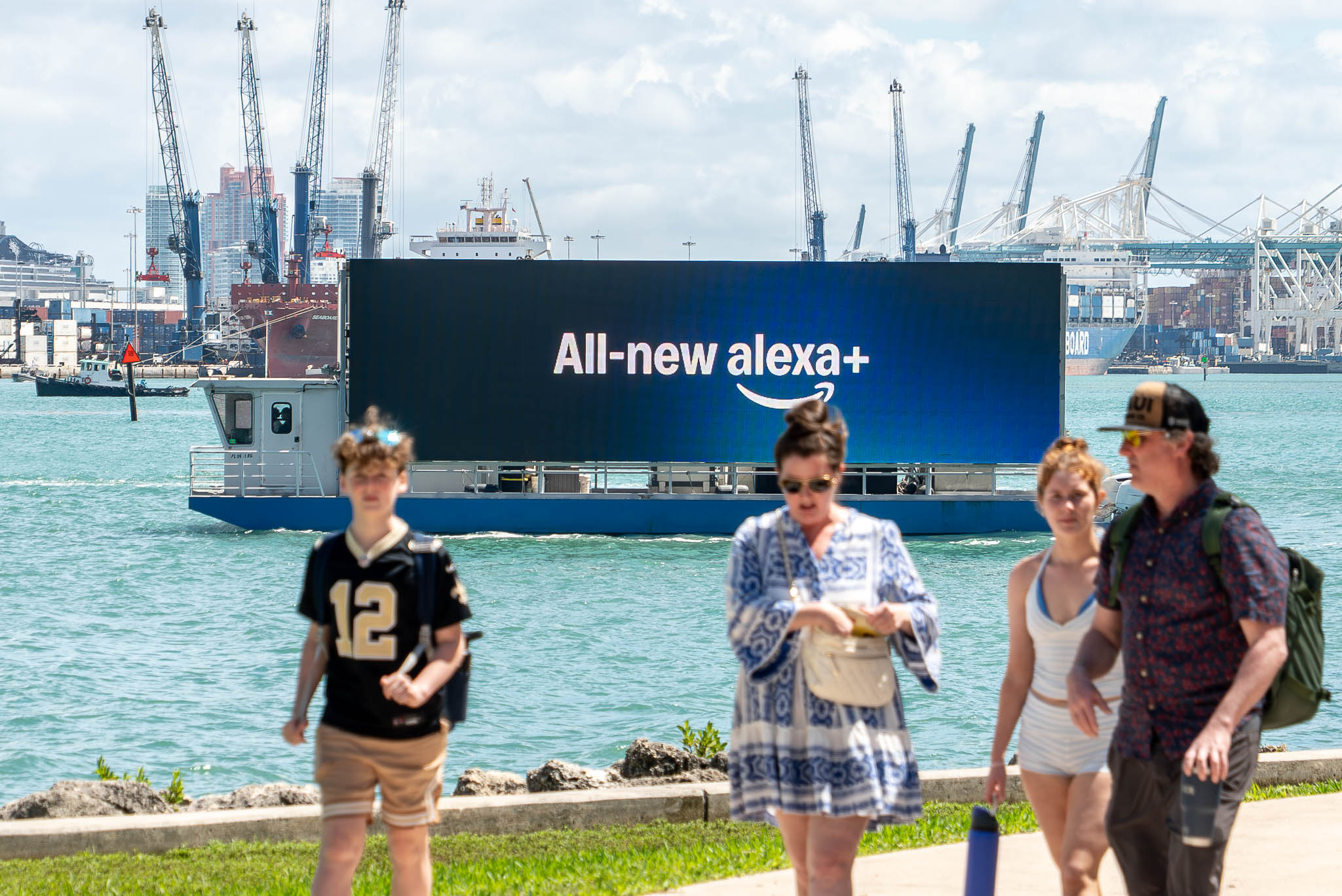 Amazon Alexa+ digital billboard boat in Miami harbor
